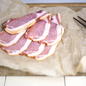 Smoked Back Bacon (dry-cure, pressed, fully matured, lightly beech-smoked)